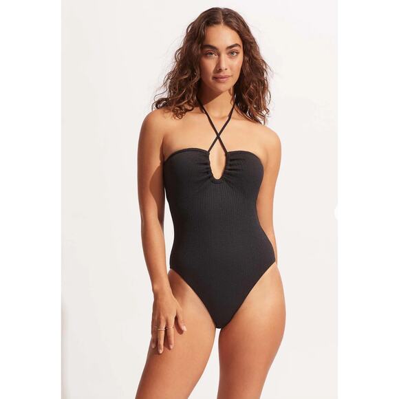 SEAFOLLY Black Halter Bandeau One Piece Tie Swimsuit Bathing Suit NWT Size 10 - Picture 1 of 11